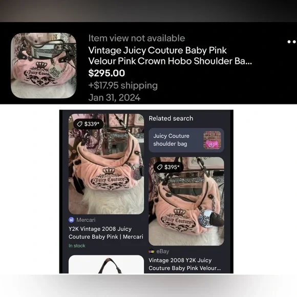 Vintage Y2K Juicy Couture Baby Pink Velour Crown Hobo Shoulder Bag - Picture 15 of 16